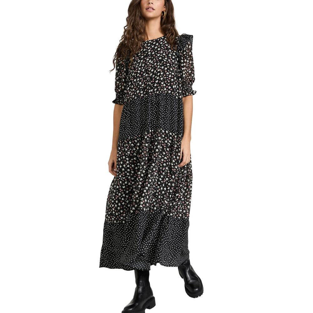 English Factory Tiered Black Multi Floral Dot Maxi Dress Size XS